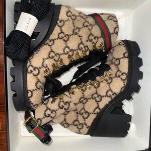 Gucci GG Beige and Black Wool Monogram Ankle Platform Boot